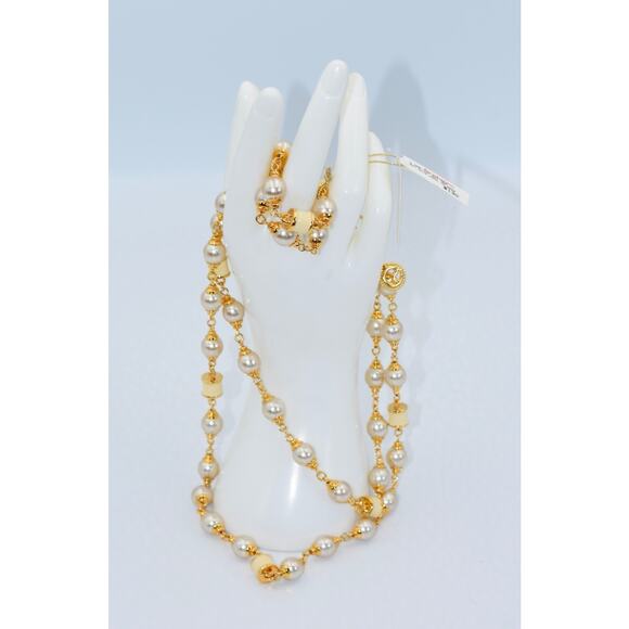 St. John Long Baroque Costume Enamel Pearl & Gold-Tone Link Necklace 45" NWT - Picture 5 of 6